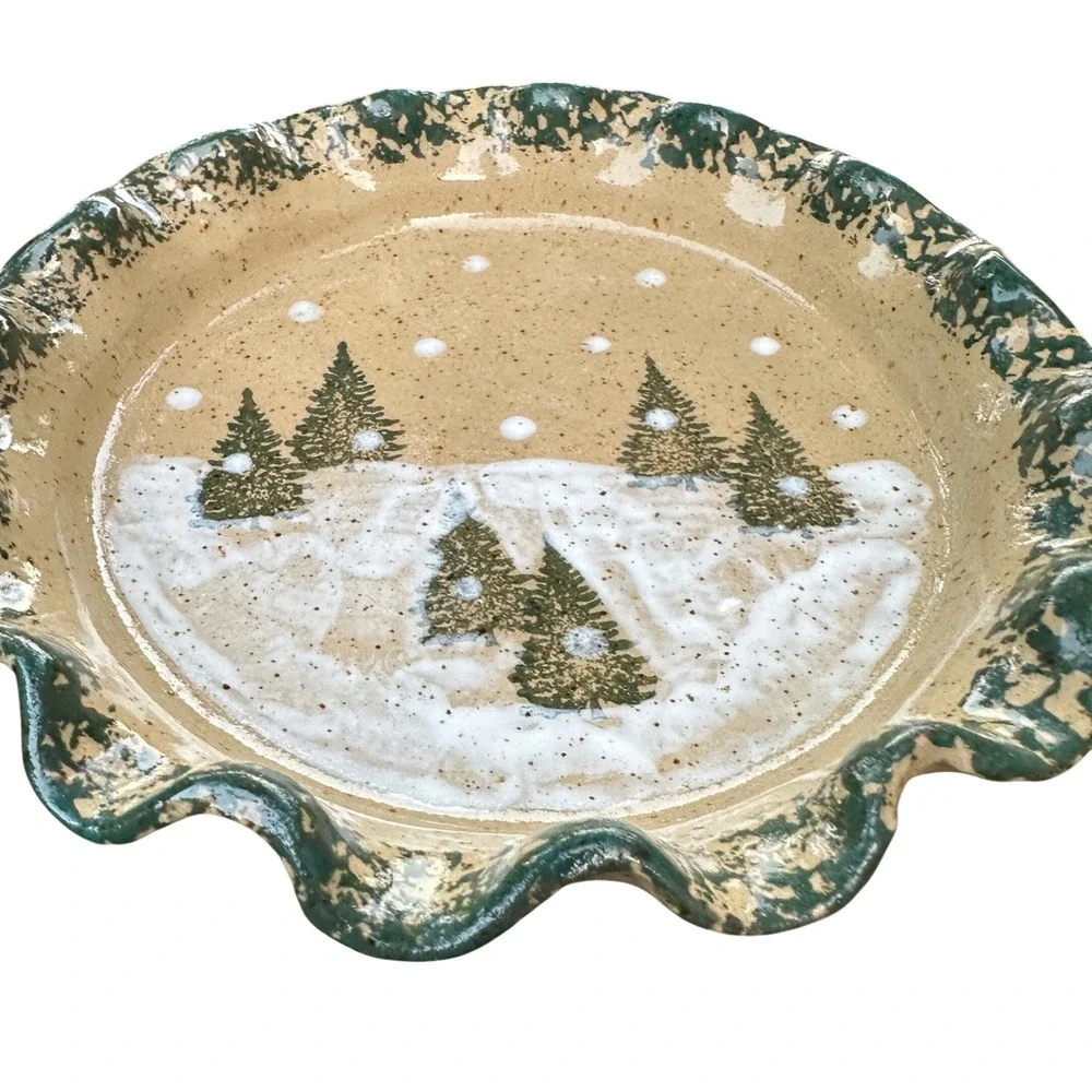 Three Rivers Pottery Winter Pines Spongeware Christmas Pie Plate & 2 Plates Set